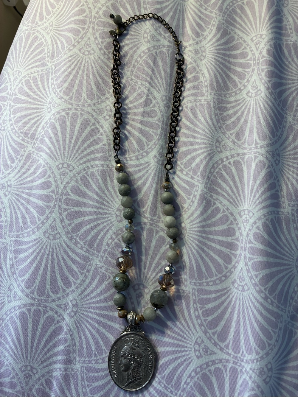 Gray Beaded Necklace with French Coin Pendant